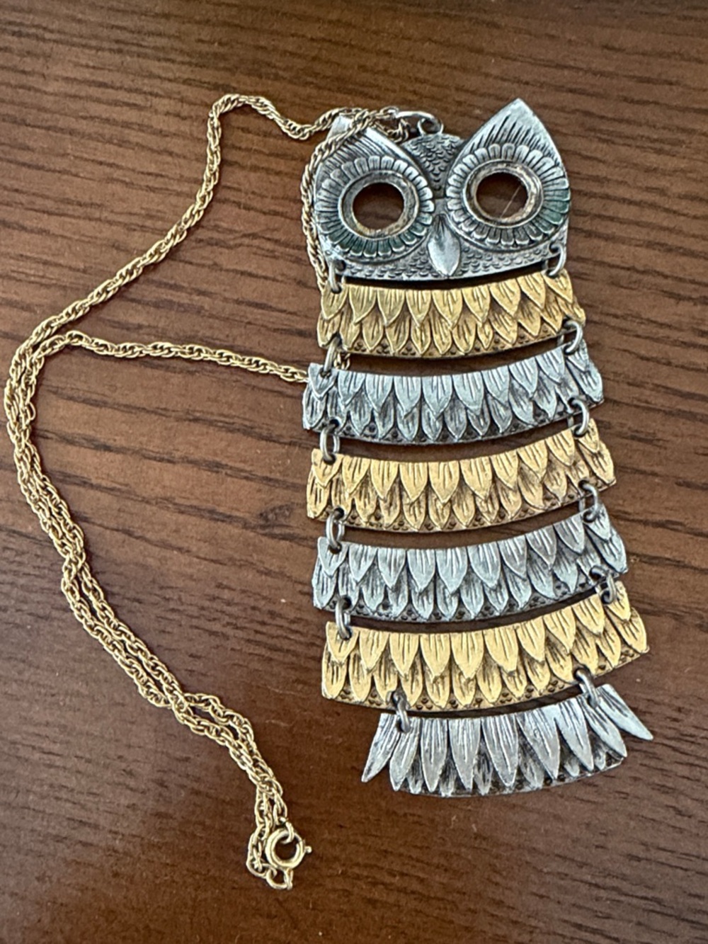 Vintage Articulated Owl Necklace Statement Piece Boho Gold Silver Tone